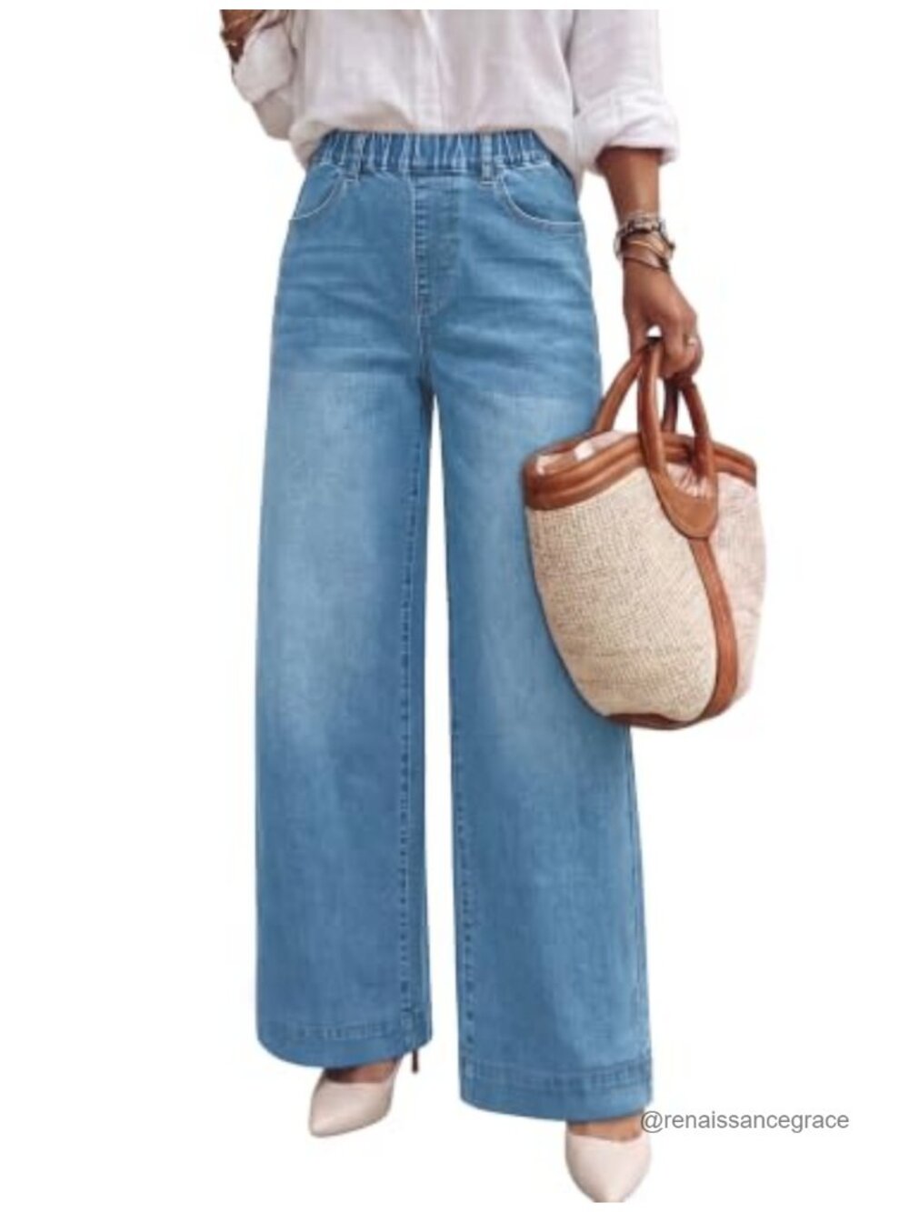 Wide Leg Elastic Waist Stretch Denim Jeans Baggy Mid Rise Pull-On Pants